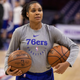 Philadelphia 76ers coach Lindsey Harding looks on prior to the first half of an NBA basketball game against the Chicago Bulls Wednesday, April 10, 2019, in Philadelphia.